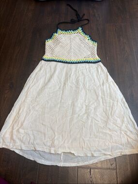 BEACH BY EXIST Womens size Crochet Halter Dress in Cream with Blue & Yellow Trim